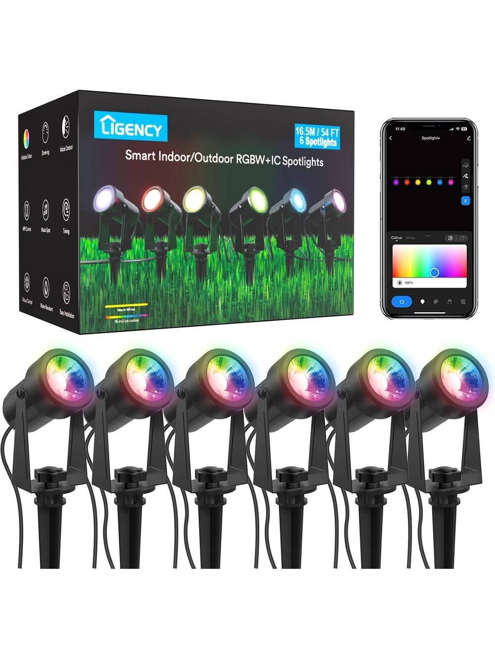 Spotlight Outdoor Smart Low Voltage Landscape Lights, 6 Pack, RGBW